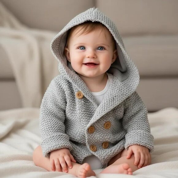 Beba Bean Heather Gray Knit Double-Breasted Hooded Jacket Size 6-12 Months - Picture 1 of 12